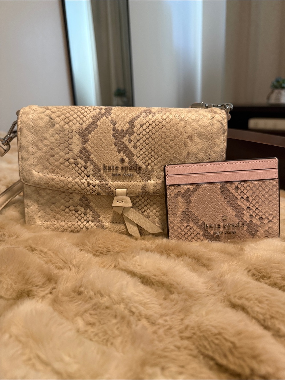 Kate Spade Set Cream Snakeskin Crossbody with Pink Card Holder